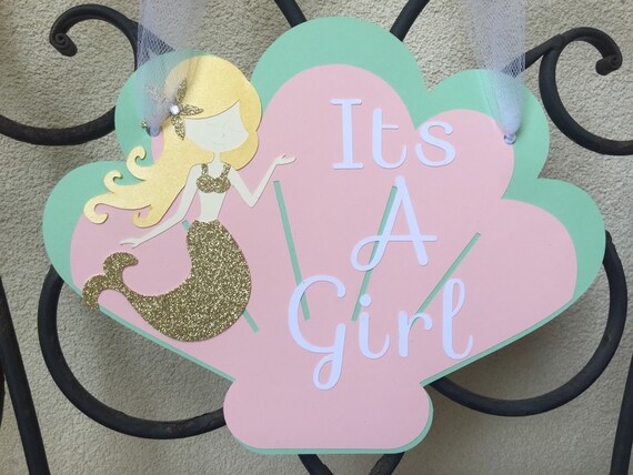 Mermaid Mint, Pink and Gold Blonde Haired Party Door Sign, Mermaid Baby Shower, Mermaid 1st Birthday Il_570xn