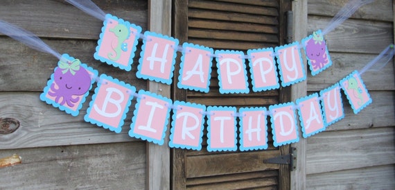 Under the Sea Girly Teal and Purple Happy Birthday Banner, Octopus Seahorse, Under the Sea Baby Shower Banner, Seahorse, Octopus Banner Il_570xn