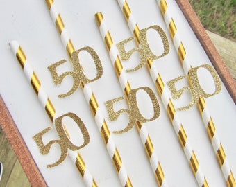 50th Birthday Straws: Gold Glitter "50" Party Decorations