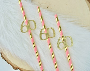 60th Birthday Decorations, Pink and Gold Straws, 60th Birthday Straws, Sixtieth Birthday Decor, Party Straws