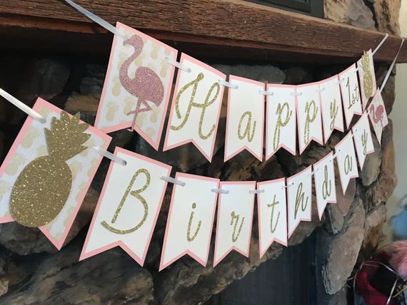 Pineapple Flamingo Pink and Gold Birthday Banner, Flamingo party, Pool party banner, Pineapple Party Banner, Tropical Luau Banner, Hawaiian Il_570xn
