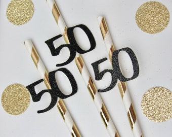 50th Birthday Straws: Gold Party Decorations, Set of 12