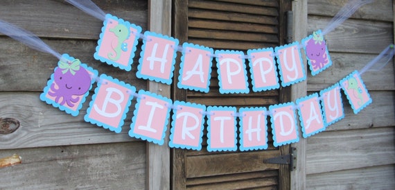 Under the Sea Girly Teal and Purple Happy Birthday Banner, Octopus Seahorse, Under the Sea Baby Shower Banner, Seahorse, Octopus Banner Il_570xn