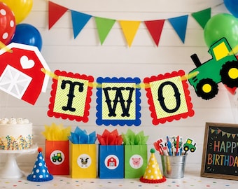 May include: A farm-themed birthday party banner featuring a red barn, a green tractor, and the word TWO in black letters on scalloped-edge cards. The display includes a cake, colorful gift bags with animal stickers, party hats, and a chalkboard sign.