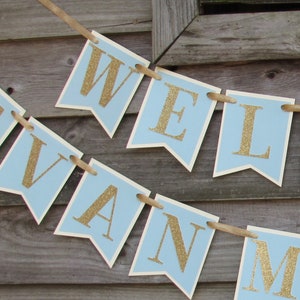 Welcome Baby Cream, Blue and Gold Banner, Baby Shower Banner, Blue and Gold Decorations, Baby Shower Banner, Welcome Baby, Baby Boy Banner