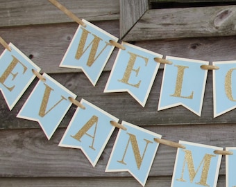 Welcome Baby Banner: Cream, Blue, and Gold Baby Shower Decor
