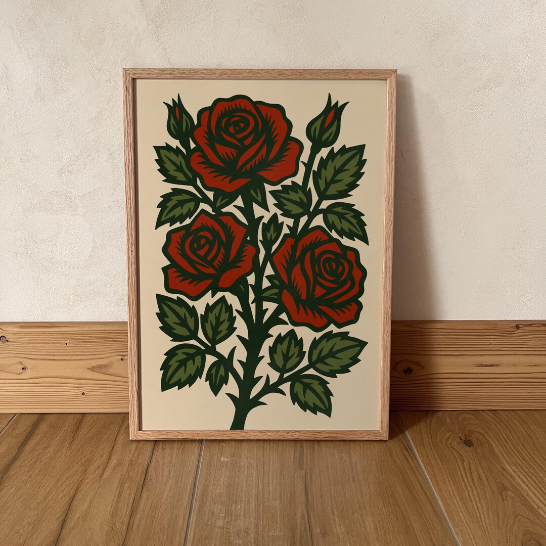 Red Rose Wall Art Print – Vintage Botanical Poster, Floral Decor ...