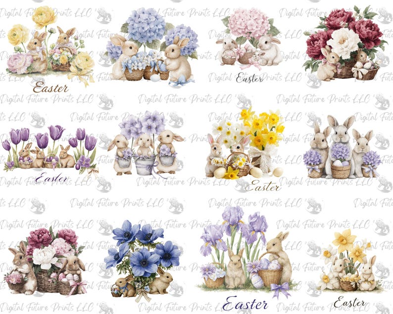 Easter Bunny Floral Clipart Watercolor Spring Flowers Cute Bunnies ...