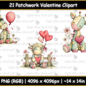 May include: A collection of 21 patchwork Valentine's Day clipart images. The images feature adorable, pastel-colored stuffed animals, including a bunny, a giraffe, and a cow, each holding hearts and balloons. The images are approximately 14 x 14 inches.
