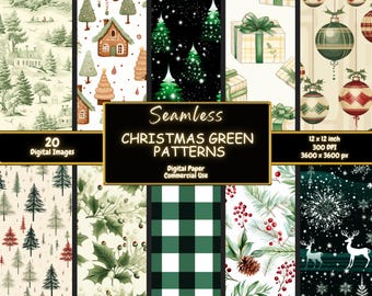 May include: A selection of 20 digital Christmas patterns in green, white, and red. The patterns feature houses, trees, baubles, gifts, and snowflakes. The image includes the text "Seamless Christmas Green Patterns". The digital images are 30.48 x 30.48 cm.