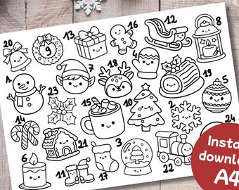 Coloring Advent Calendar – Christmas Countdown Printable – Kawaii Christmas Coloring page - A4 Coloring Page