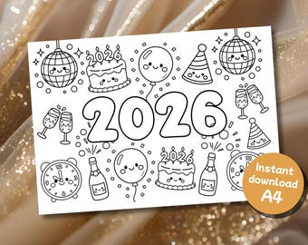 2026 Coloring Page | Cute New Year Coloring Page | Kawaii Numbers Coloring | Printable Coloring Page PDF for Kids & Adults