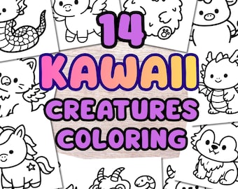 Kawaii Creatures Coloring Pages | Cute Coloring Pages | Unicorn, Dragon, Goblin, Werewolf, and More | Coloring Book PDF for Kids and Adults