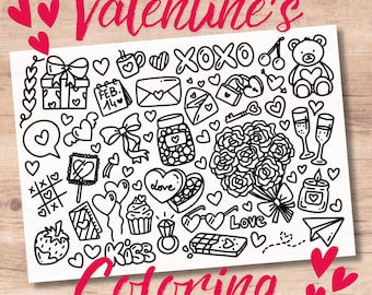 Valentine Coloring Page | Printable Valentine Coloring Page | Valentines Illustrations | A4 and Us letter Coloring Page for Kids & Adults