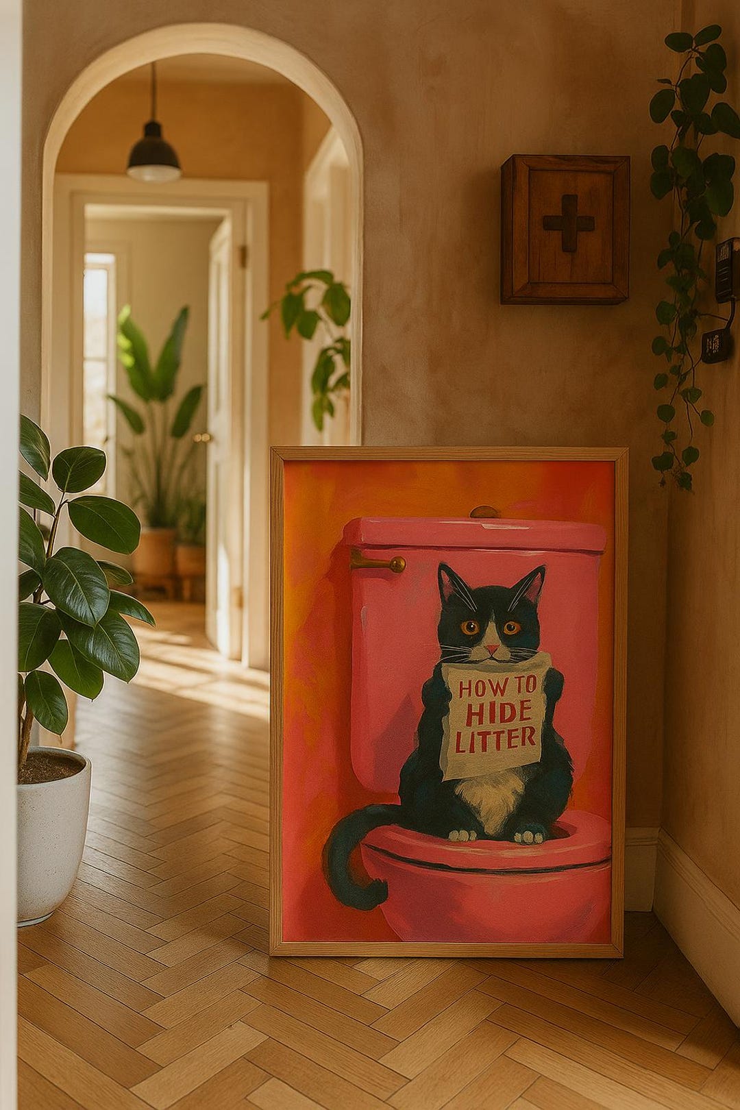Funny Cat Bathroom Art Print | Black Cat on Pink Toilet Reading ...