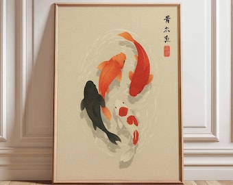 Koi Fish Art Print |Japanese Style Painting Poster | Zen Wall Decor | Japandi Living Room Art | Minimalist Asian Artwork