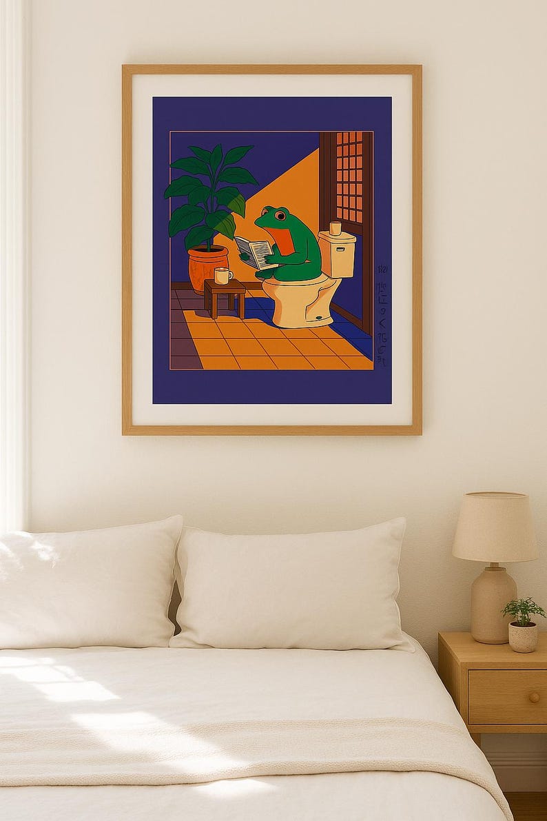 Whimsical Frog Bathroom Art Print | Japanese Style Frog Reading on ...