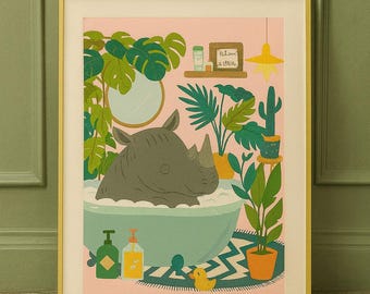Whimsical Rhino Bath Art Print | Animal Bathroom Wall Decor | Tropical Jungle Illustration | Playful Rhino Poster | Modern Animal Home Art
