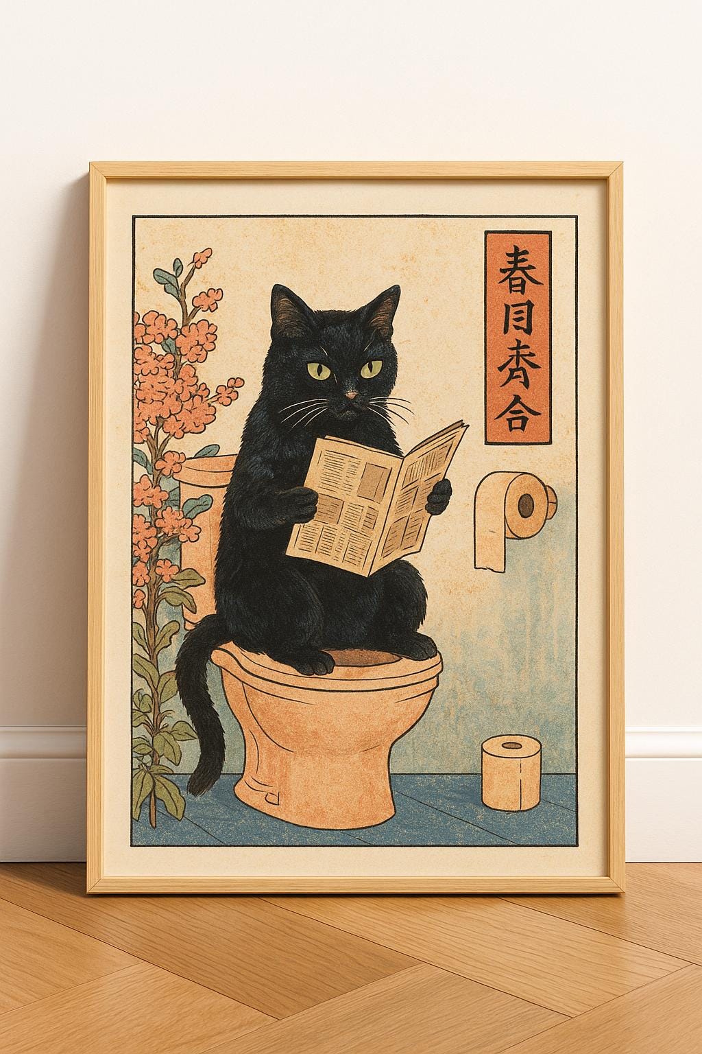 Funny Black Cat Bathroom Art Print | Vintage Japanese Style Cat on ...