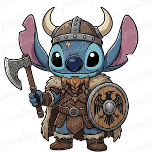 May include: A cartoon illustration of Stitch, the blue alien, dressed as a Viking. He wears a horned helmet, a fur-lined tunic, and holds an axe and a shield with a raven emblem. The image has a white background.