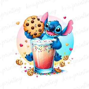 Pode incluir: Ilustração digital de um personagem de desenho animado azul segurando um biscoito com gotas de chocolate e uma bebida colorida. A imagem inclui corações e mais biscoitos.