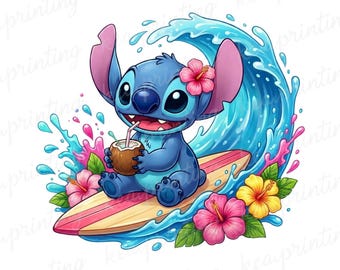 Stitch Summer Vibes Watercolor Splash Png, Stitch Floral Png, Cartoon Rainbow Aesthetic, 300Dpi High Resolution, Digital File Download
