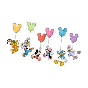 May include: A colorful illustration of Disney characters, including Pluto, Goofy, Mickey Mouse, Minnie Mouse, Donald Duck, and Daisy Duck. Each character is holding a Mickey Mouse-shaped balloon in various colors, creating a cheerful and whimsical scene.