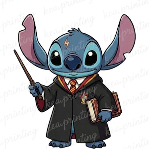May include: A cartoon illustration of Stitch, a blue alien character, dressed in a black Hogwarts robe and holding a wand and books. A lightning bolt is on his head. The image has a white background.