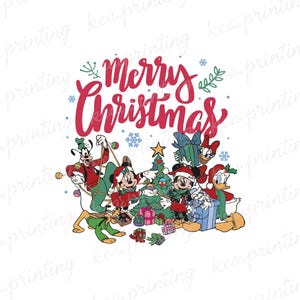 May include: A festive illustration featuring Mickey Mouse, Minnie Mouse, Donald Duck, Goofy, and Pluto celebrating Christmas. The words "Merry Christmas" are written in red script above the characters, who are gathered around a decorated Christmas tree and presents.