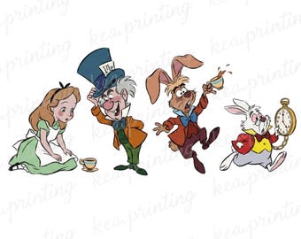 May include: Illustration of characters from Alice in Wonderland. Alice in a green dress, the Mad Hatter in an orange coat and tall hat, the March Hare, and the White Rabbit holding a pocket watch.