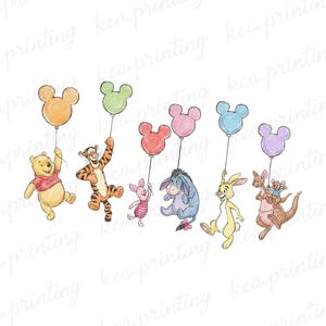 Könnte beinhalten: Aquarell-Illustration von Winnie Puuh und seinen Freunden, die Mickey Mouse-förmige Ballons halten. Zu den Figuren gehören Puuh, Tigger, Ferkel, I-Aah, Hase und Kanga und Roo. Die Ballons sind in verschiedenen Farben gehalten.