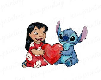 Niedliches Lilo und Stitch Herz Valentine PNG, Clipart-Bilder, Digital Design PNG-Datei für Sublimation, hohe Auflösung, Digital PNG Download