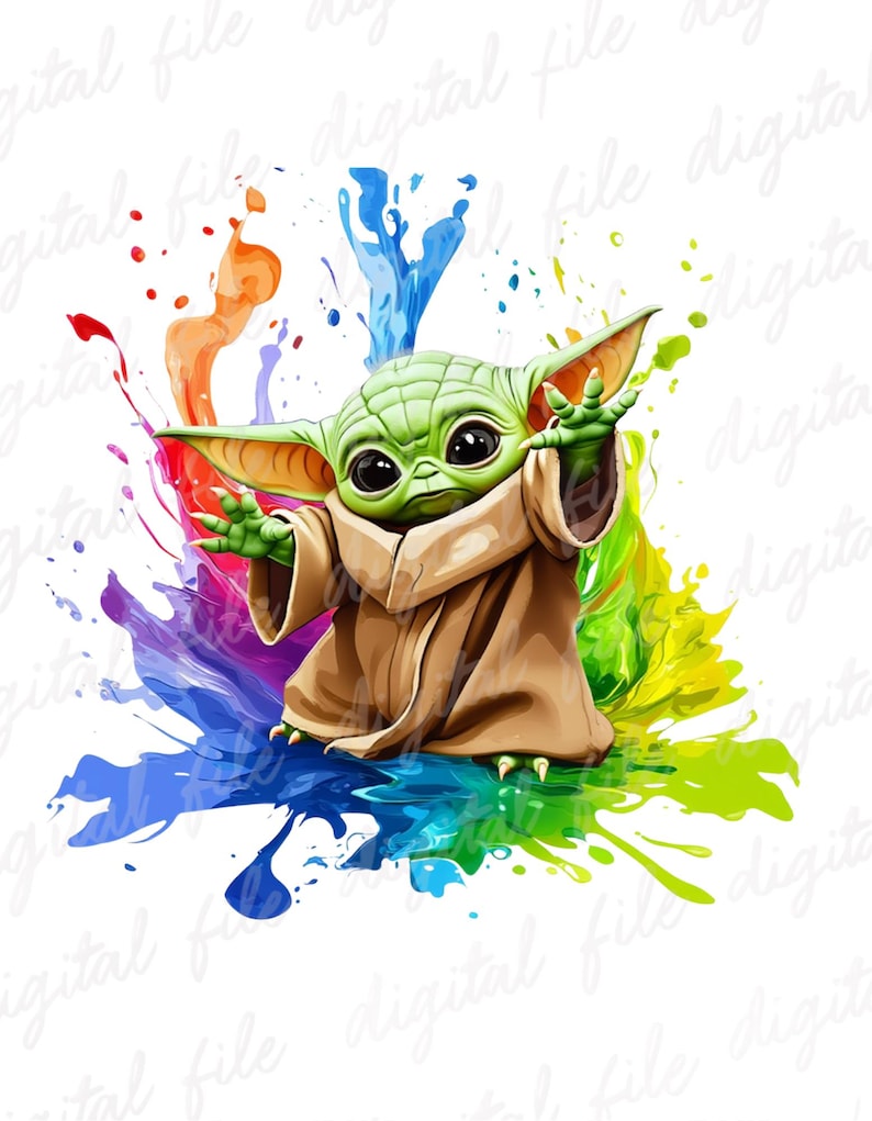 May include: A digital illustration of a green alien character with large eyes and pointed ears, wearing a brown robe. The character is set against a vibrant background of colorful paint splatters in shades of blue, green, yellow, orange, and red.
