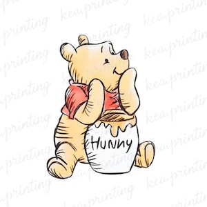 May include: A watercolour illustration of Winnie the Pooh, a yellow bear in a red shirt, sitting and holding a honey pot. The white honey pot has the word "HUNNY" written on it.