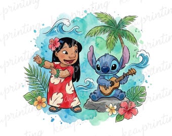 Lilo e Stich Splash Watercolor PNG, Stitch Floral Png, Cartoon Rainbow Aesthetic, 300 Dpi ad alta risoluzione, download di file digitali