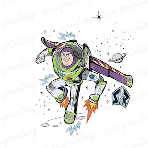 Puede incluir: Ilustración de dibujos animados de Buzz Lightyear con su traje espacial, con una expresión decidida. La imagen presenta una combinación de colores verde, blanco y morado, con un cohete y un planeta de fondo. El logotipo SR también es visible.