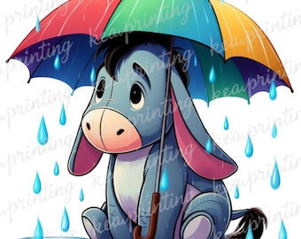 May include: A cartoon illustration of a blue donkey sitting in the rain under a colorful umbrella. The umbrella is red, green, blue, and yellow. Raindrops are falling around the donkey, and it is sitting in a puddle.