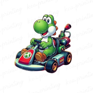 May include: A digital illustration of Yoshi from the Mario Kart series. Yoshi, a green dinosaur, is driving a kart with red, green, and blue accents. The kart has the word "YOSHI" on the side and a red and white emblem.