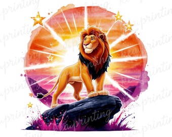 Imagen PNG de Simba, el Rey León en acuarela: Diseño de atardecer (uso comercial)