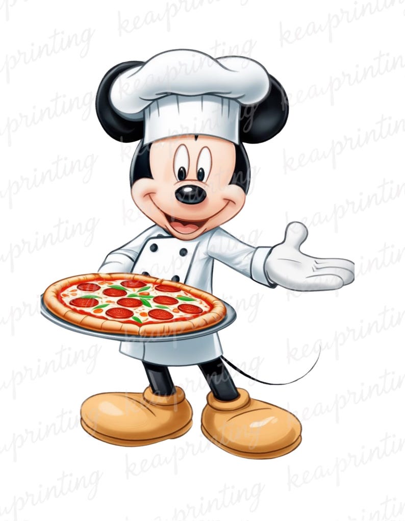 Puede incluir: Ilustraci&oacute;n de dibujos animados de Mickey Mouse vestido de chef, sosteniendo una pizza con pepperoni y hierbas verdes. Mickey lleva un gorro de chef blanco, abrigo y guantes, con sus orejas negras y zapatos amarillos.