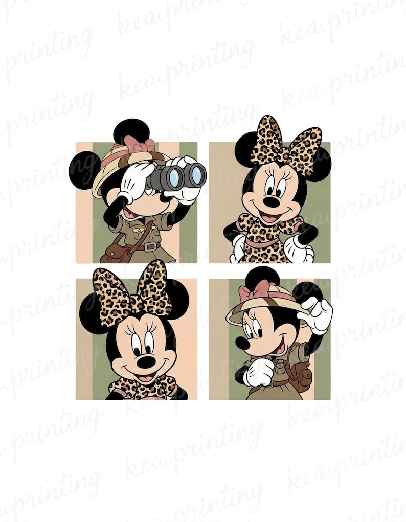 May include: Four-panel illustration of Minnie Mouse in safari attire. Minnie is shown in different poses, wearing a safari hat, binoculars, and leopard print details. The background has vertical stripes in green and beige.