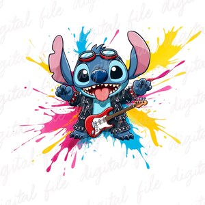 May include: A digital illustration of a blue cartoon character wearing a black leather jacket and goggles, holding a red guitar. The character is set against a colorful splash of yellow, pink, and blue paint.