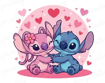 1 PNG Cute Stitch en Angel Heart Valentine, clipartafbeeldingen, digitaal ontwerp png-bestand voor sublimatie, hoge resolutie, digitale png-download