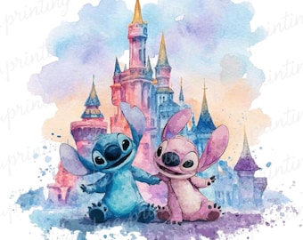Castello acquerello di Stich e Angel Splash PNG, Stitch Floral Png, Estetica arcobaleno dei cartoni animati, Alta risoluzione 300 DPI, Download di file digitali