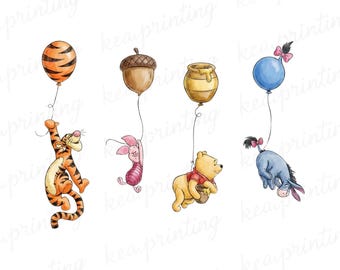 Vintage Winnie the Pooh Clip Art, Winnie the Pooh Balloons Png, Winnie the Pooh and Friends PNG