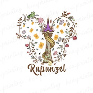Puede incluir: Ilustración caprichosa con una torre y el largo cabello rubio de Rapunzel. La torre está rodeada por una corona floral, linternas flotantes y la palabra "Rapunzel". Un pequeño camaleón verde está posado en la corona.