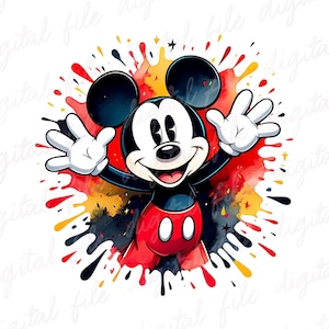 May include: A digital illustration of Mickey Mouse with his arms outstretched, set against a vibrant watercolor splash. Mickey is depicted in his classic attire: black ears, white gloves, red shorts, and a smiling face. The background features red, yellow, and black paint splatters.