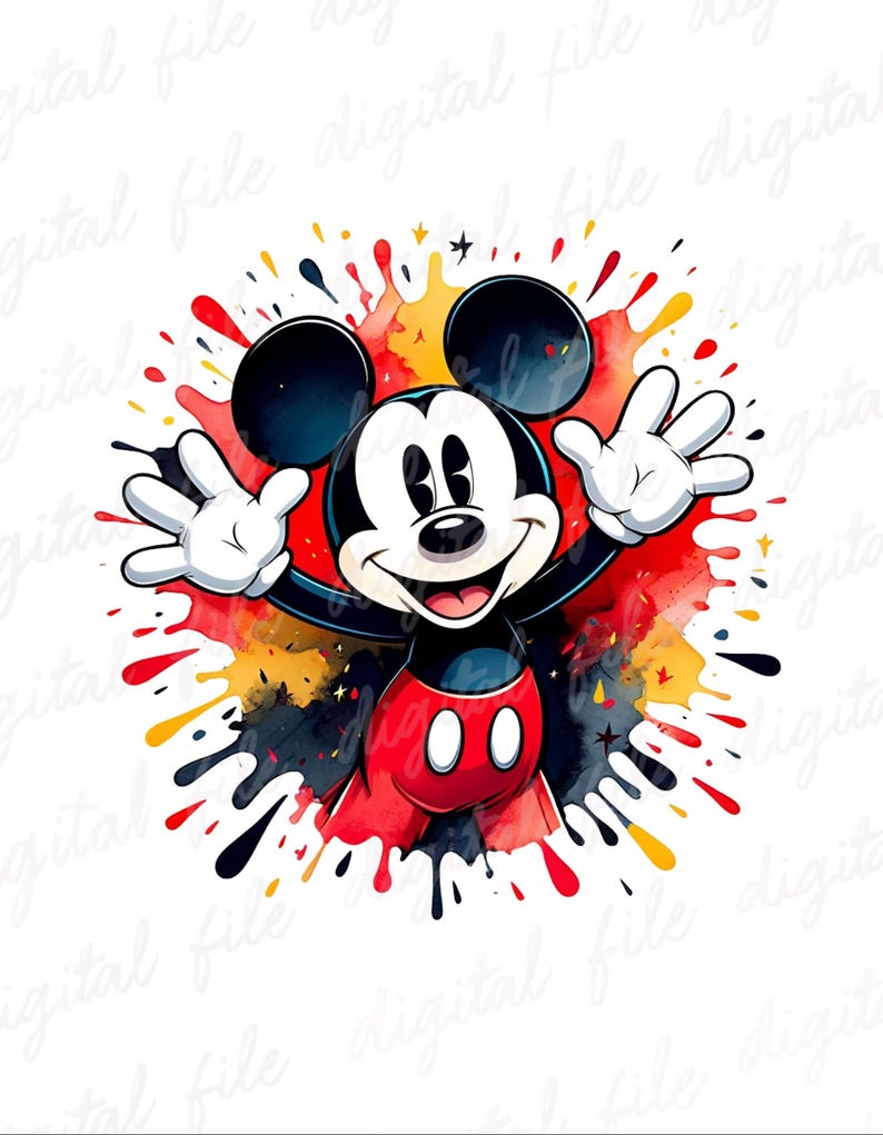 May include: A digital illustration of Mickey Mouse with his arms outstretched, set against a vibrant watercolor splash. Mickey is depicted in his classic attire: black ears, white gloves, red shorts, and a smiling face. The background features red, yellow, and black paint splatters.