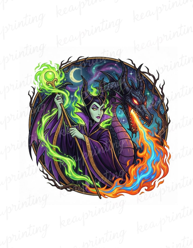 May include: Illustration of a character with green skin, wearing a purple and black robe, holding a staff with a green orb. A black dragon breathes fire. The background features a starry night sky and a crescent moon.