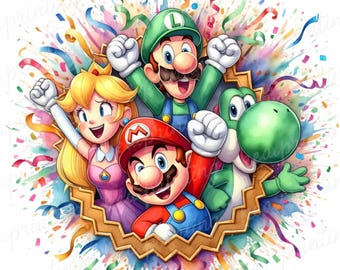 Super Mario Luigi Princess Peach Yoshi Splash PNG, Mario Graffiti Clipart, Super Mario and Friends PNG Design, Super Mario Characters Png